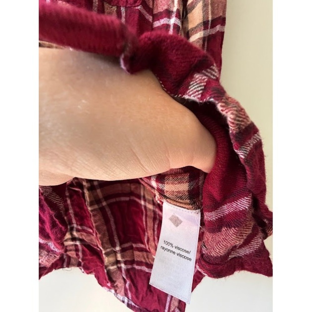 Plaid Maurices Button Down Women XL Burgundy Babydoll Plaid Ruffle Neck Blouse - Picture 4 of 7